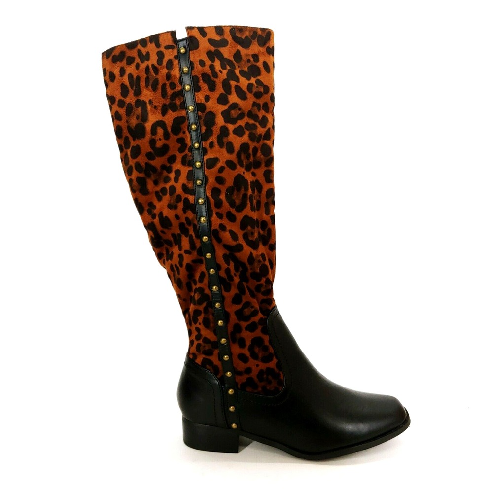 Andiamo‎ Shoes Womens Mobile Brown Leopard Print 8.5 Riding Boots Zip Studded